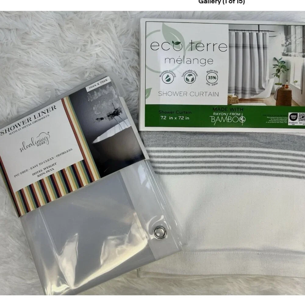 Eco Terre Melange Fabric Shower Curtain With The Set Of Shower Liner